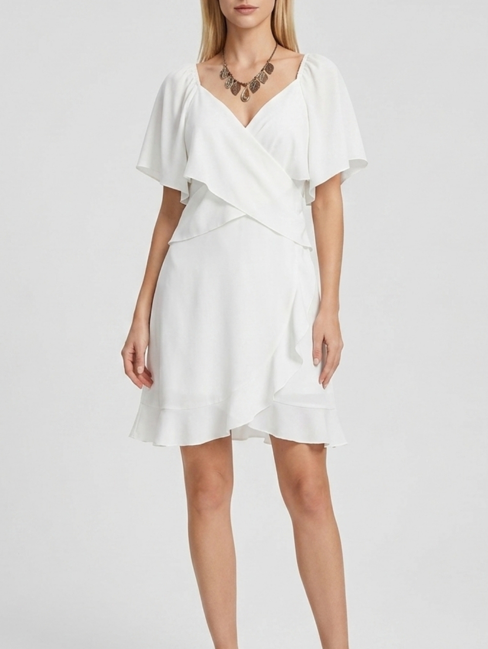 Ivory Flutter Sleeve Faux Wrap Ruffle Hem Lined Boho Summer Mini Dress Large